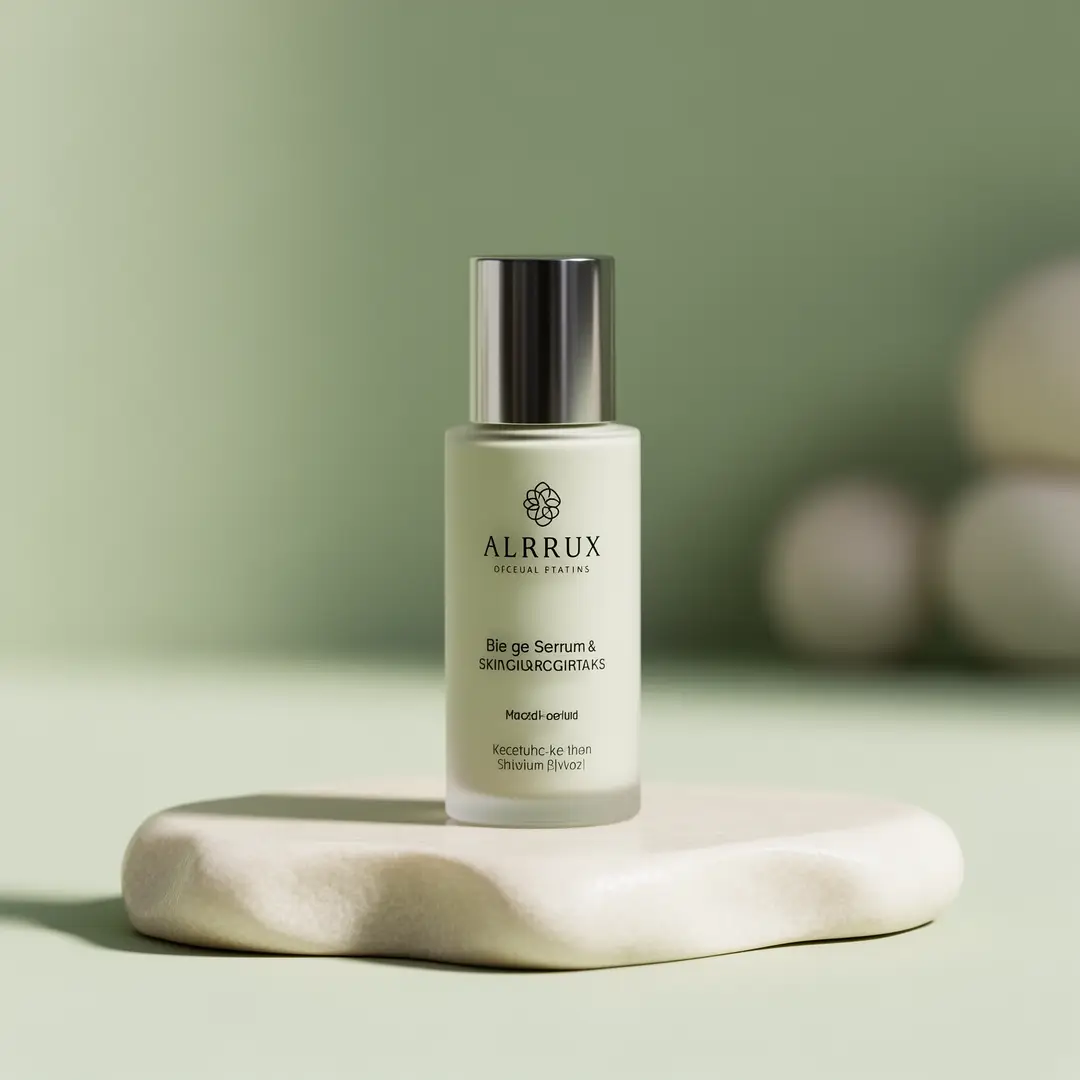 Una toma de producto estrella de cuidado de la piel limpio con materiales pulidos y una paleta de colores tranquila y premium.