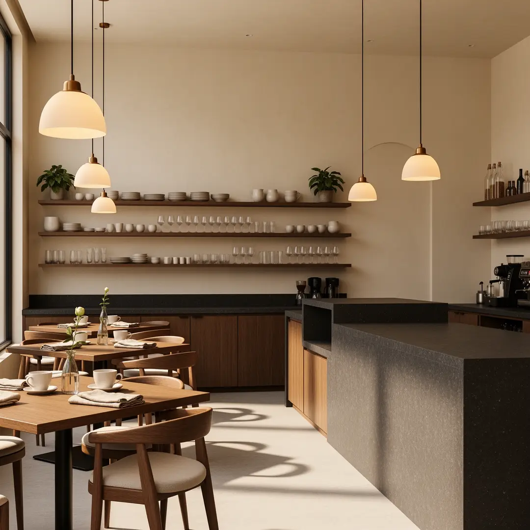 Un concepto de interior de cafetería boutique con materiales cálidos, iluminación equilibrada y una atmósfera de hostelería pulida.